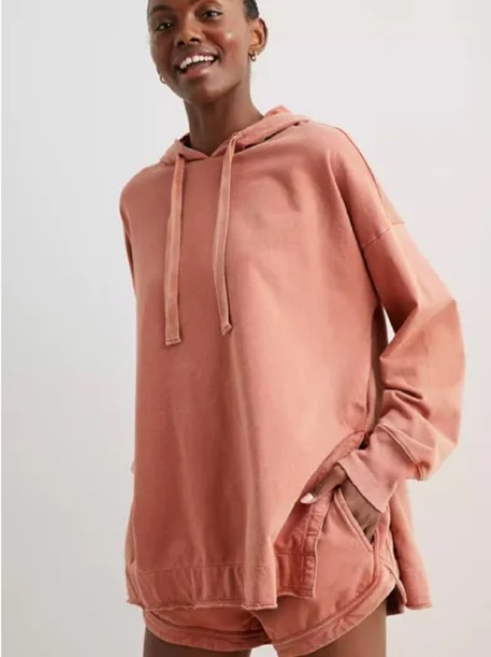 Aerie Washed Terracotta Rust Oversized Pullover Hoodie XS 100% Cotton Raw Hem